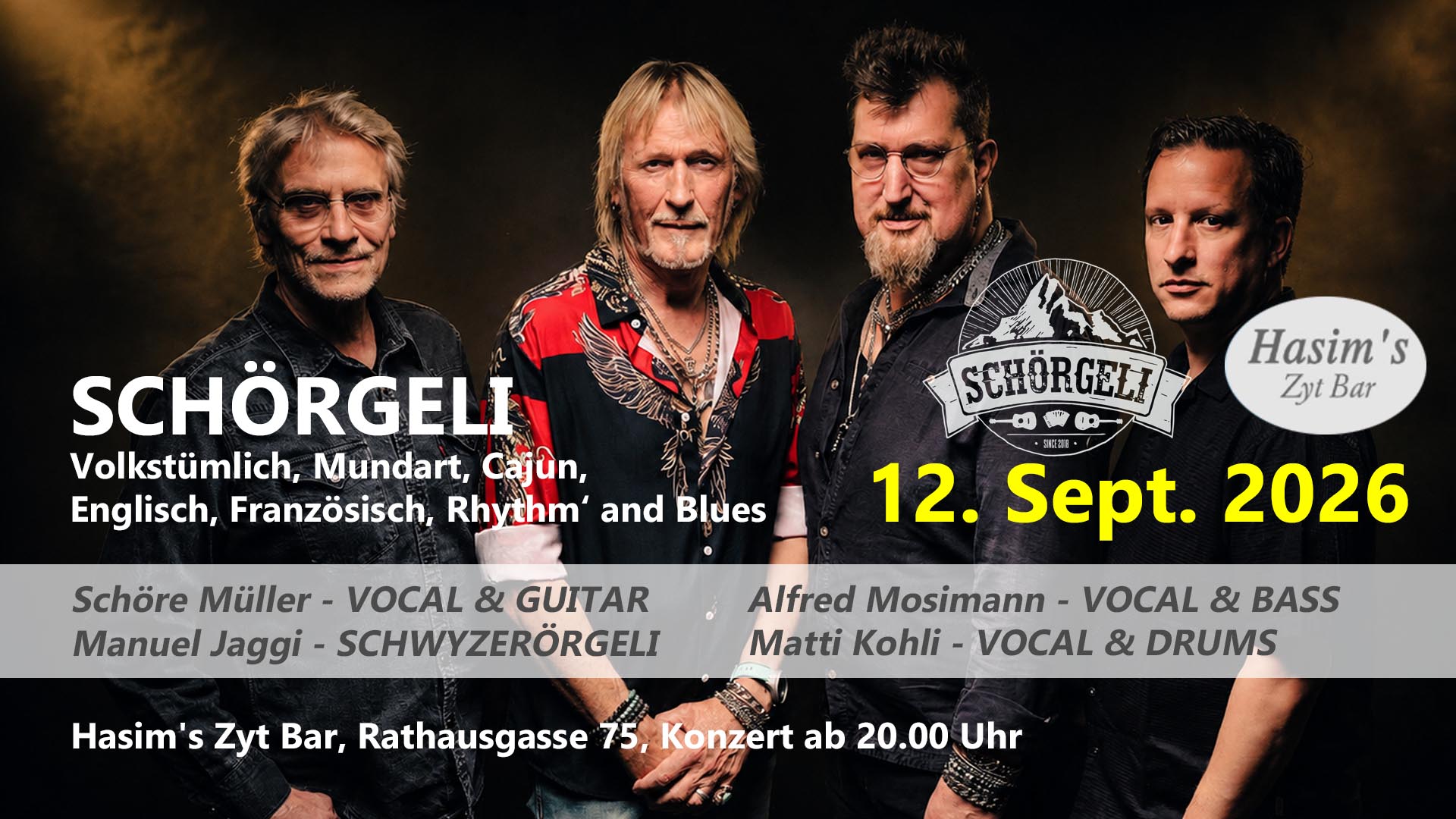 SCHÖRGELI, Schöre Müller, Sascha Michael Campi, Lesung, Live-Gig, Live-Music, Live Musik, Country, Blues, Rock, Folk, Volkstümlich, Mundart, Jazz, Swing, Funk, Gesang, Band, Berner Bands, Rock ’n’ Roll, Hasim, Hasim’s Zyt Bar, Hasims Zyt Bar, Hasim’s Zyt-Bar, Zyt-Bar, Bern, Berner Altstadt, Rathausgasse, Konzerte in Bern, Live-Gigs in Bern, Live-Music in Bern, Live-Musik in Bern, Bar,